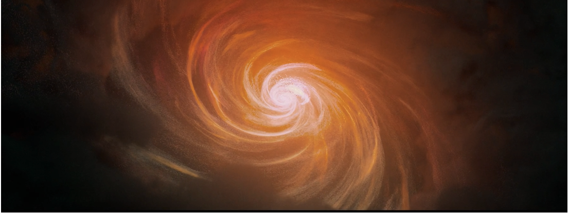 Απεικόνιση 1: Καλλιτεχνική αναπαράσταση των σπειροειδών σχηματισμών που δημιουργούνται όταν ύλη υπό την επήρεια της βαρυτικής έλξης μιας κεντρικής μελανής οπής περιδινίζεται και τελικά προσπίπτει σε αυτή. Η μελέτη των σχηματισμών αυτών που ονομάζονται δίσκοι προσαύξησης, αποτελεί αντικείμενο έντονης έρευνας. Credit: Dimitrios Sakkas (tomakti) - Antonis Georgakakis, Angel Ruiz, Maria Chira (NOA)